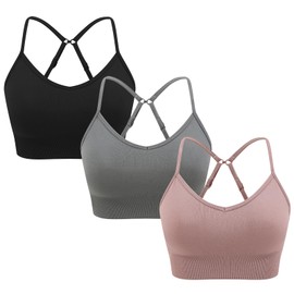 ANGOOL Women's Seamless Sports Bras Wireless Non-Wired with Removable Pads Adjustable Spaghetti Straps Light Support for Yoga Gym Workout, Black+Gray+Purple, L