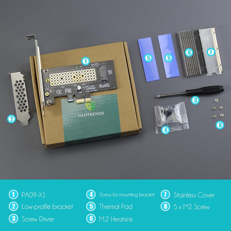 GLOTRENDS PA09-X1-HS M.2 NVMe to PCIe X1 Adapter with M.2
