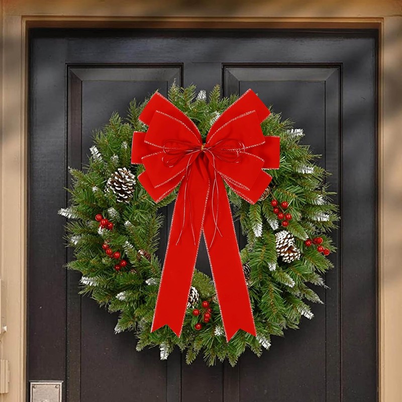 2 Pack Red Christmas Bows Outdoor Decorations,12”x20” Large Velvet Wreath