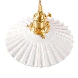 Shenmoyl Pendant Light with White Pleated Ceramic Lmapshade, Brass Vintage Pendant Light Adjustable Hanging Light for Kitchen Island Dining Room Hallway 7.87 Inch Diam