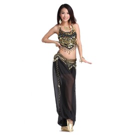 ZLTdream Lady's Belly Dance Chiffon Banadge Top and Lantern Coins Pants Black, One Size