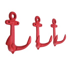 Wowser Nautical Cast Iron Ship Anchor Wall Hooks, 6 Inches, Set of 3 (Red)