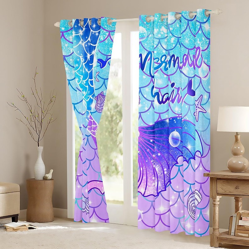 Feelyou Mermaid Window Curtains for Bedroom Living Room Kids Girls