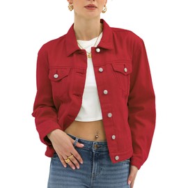 Argstar Women's Denim Jean Jackets Button Up Long Sleeve Basic Trendy Stretch Trucker Jacket Red XXL