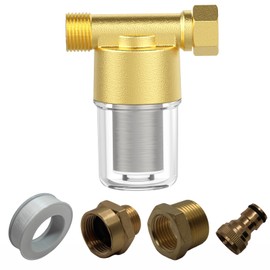 40 Micron Brass Inline Spin Down Sediment Water Filter for Washer, Washing Machine, Shower, Well Water, with 3/4" GHT +1/2" NPT Adapter + 3/4" GHT Female Garden Hose Faucet Nozzle Connector (Brass)