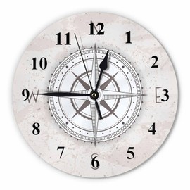 Orythyra Vintage Compass Wall Clock Round 10 Inch Battery Operated Map Travel Equipment Wind Rose Arrow Frameless Silent Wooden Clocks Art Wall Decor for Living Room Classroom Bedroom Office