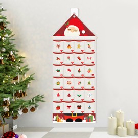 Auch Santa Advent Calendar 24 Days Hanging Wall Decoration, Fabric Christmas Countdown Calendar with Pockets for Candy Gifts, Reusable Xmas Decor for Kids Family Home