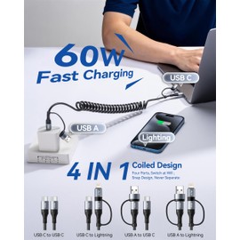 Cavo a Spirale USB A a USB C,60W Cavetto USB C Ricarica Rapida Cavo Auto