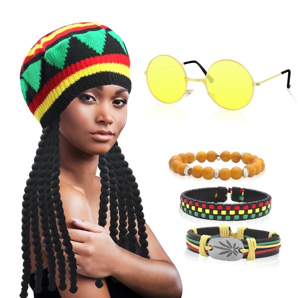 GLGHMH 5pcs Rasta Costume Accessories, Rasta Hat with Black Dreadlocks and Yellow Glasses and 3pcs Bracelet, Caribbean Fancy Dress Costume for Parties, Cosplay