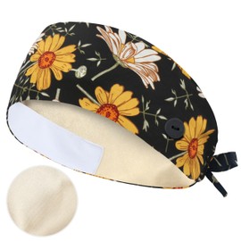 QBA Adjustable Working Cap with Button, Satin Lined Scrub Hat, Cotton Working Hat Sweatband, Elastic Bandage Tie Back Hats for Women & Men, One Size, #Satin-Lined Sunflower Melody