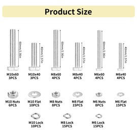 124 Pieces M6 M8 M10 Screws Set, Hex Screws Nuts Set, Machine Screws Assortment, Stainless Steel Threaded Screws with Nuts with Washers Set for Repair