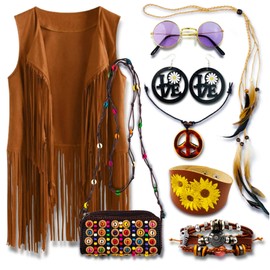 ARK Survivor 8 Pcs 60s 70s Retro Outfit for Women Hippie Accessories for Women Feather Headband Purse Hippie Costume for Women