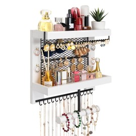 Pinzoveco Hanging Jewelry Organizer Wall Mounted With Wall Jewelry Organizer Holder For Necklaces Bracelet Earrings Ring (White)