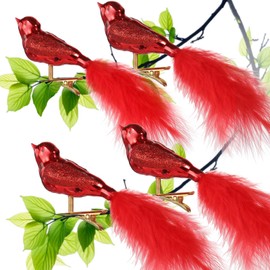 UNOLIGA Christmas Tree Decorations Birds Glass, 4 Pieces Christmas Tree Decoration Red Bird with Feathers, Cute Christmas Tree Decoration, Artificial Glass Birds with Clip (2023 Improved Version)