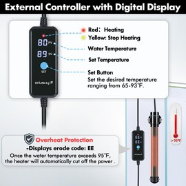 Orlushy 200W Submersible Aquarium Heater, Adjustable Fish Tank Heater with Digital Display External Controller, Overheat Protection and Free Thermometer for 20-40 Gallons Freshwater and Saltwater Tank