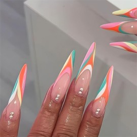 24Pcs Press on Nails Almond Long Fake Nails French Tip False Nails with Color Lines Design Stiletto Full Cover Acrylic Stick on Nails for Wemon