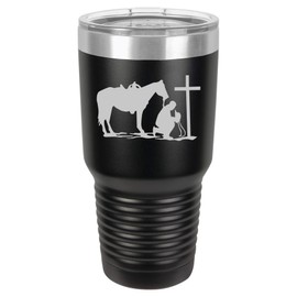 Tumbler Stainless Steel Vacuum Insulated Travel Mug Cowboy Praying Cross Horse (Black, 30 oz)