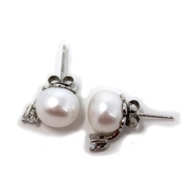 Silver Cubic Zirconia 9.5-10mm White Freshwater Cultured Button Shape Pearl Stud Earring Pair