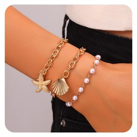 Gold Bracelets for Women, Stackable Adjustable Bracelet Set, Starfish Shell Summer Bracelet, Beach Fashion Pearl Bracelet, Boho Style, Delicate Gift, Women's Jewelry, Birthday Gift
