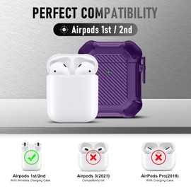 Maxjoy for AirPods Case, Carbon Fiber Secure Lock Clip Full Body Shockproof Hard Shell Protective Case Cover with Keychain for AirPod 1st and 2nd Generation Wireless Charging Case, Purple