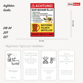 P028 Biotonnen Aufkleber 2er Set – Mülltrennung Hinweis wetterfest – Bioabfall richtig entsorgen – Bußgeld vermeiden – Deutsch/Englisch (Variante 3 Achtung)
