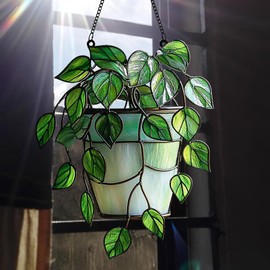 Monstera Suncatcher Indoor Colorful Window Hanging Ornament Outdoor Sun Catcher Panel for Home Decor Car Garden Crystal Gift Faux Mosaic Acrylic Stained Glass Monstera Plant Pot Suncatcher