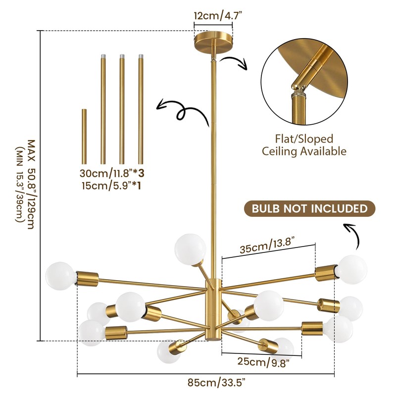 KAISITE Modern Sputnik Chandelier Ceiling Light Fixture 12-Light Gold Chandelier