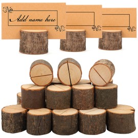 BELLE VOUS 30 pack Round Place Card Holders - Rustic Wooden Stands with Place Cards - for Table Number, Name Card, Birthdays/Wedding Table Sign, Party Decoration, Photos, and Memo/Note Clip