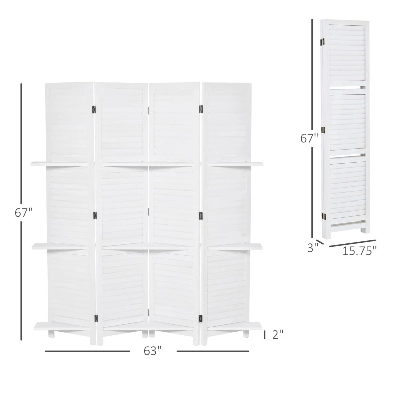 67" 4-Panel Portable White Folding Room Divider Wooden Privacy Screen