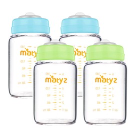 Matyz Glass Breastmilk Storage Containers, 4 Pack, 6 oz Bottle, Fit with Spectra Medela Avent Pump - Wide Mouth Breastmilk Collection and Storage Bottle with Lids - No BPA (2 Green & 2 Blue Lids)