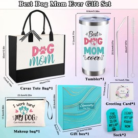 Dog Mom Gifts for Women, Best Dog Mom Gifts Dog Moms Mothers Day Gift with Canvas Tote Bag 20oz Wine Tumbler Makeup Bag Socks for Birthdays, Mother's Day & Christmas
