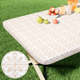 misaya Rectangle Vinyl Table Cloth, Elastic Fitted Flannel Backed Tablecloth, 100% Waterproof Plastic Table Cover Fits 8 Foot Folding Tables for Picnic, Camping, Outdoor (Khaki, 30" x 96")