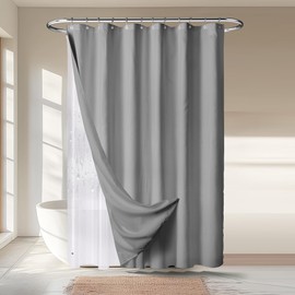 River Dream 3 in 1 Shower Curtain Set, Waffle Fabric Shower Curtain and Waterproof Clear Liner Set with Double Sided Metal Hooks, Grey, 72" W*72" H
