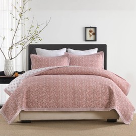 SahSahCasa Quilt Set King Size, 100% Cotton Quilt Bedding Set Bedspread, Botanical Pattern Solid Color Chic Lightweight Quilted Comforter for King Bed, White/Old Rose, All Season, 3 Pieces