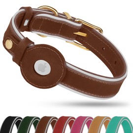 OOPSDOGGY Reflective Geniune Leather Airtag Dog Collar Soft Padded Collars for Small Medium Large Breed Dogs Puppy, 4 Sizes, 7 Colors (Brown, Large, 15"-19")