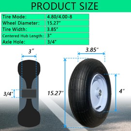 2-PACK 4.80/4.00-8" Tire Wheels w/Grease Fitting, 3/4" & 5/8" Bearings and 3"-6" Centered Hub Centered Hub，16" Pneumatic Wheel Replacement for Wheelbarrow, Hand Truck, Trolley, Garden Cart, Wagons