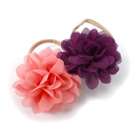 My Lello Baby Girl Rounded Petal Chiffon Flower Nylon Elastic Headbands Set 2pcs - Large - Lt. Coral/Eggplant