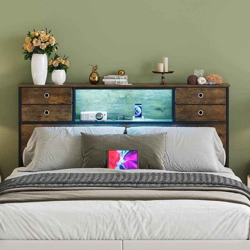 GiftGo Queen Size Headboard with 4 Fabric Storage Drawers Charging