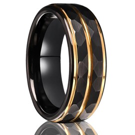 Concept Knight Tungsten Carbide Rings for Men Women 8mm Black Hammered Inlaid Gold Grooves Men's Engagement Wedding Bands Matte Brushed (8mm black, 7)