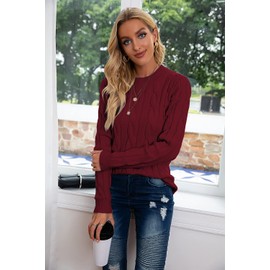 Breampot Women Cable Knit Jumper Casual Basic Long Sleeve Pullover Sweater Tops(Wine,Small)