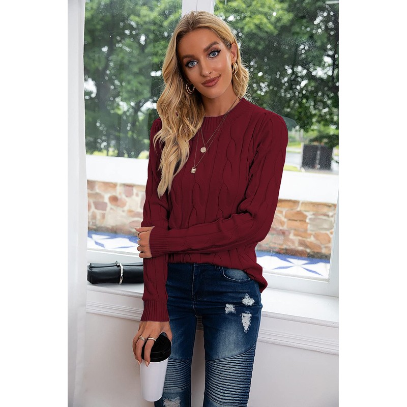 Breampot Women Cable Knit Jumper Casual Basic Long Sleeve Pullover