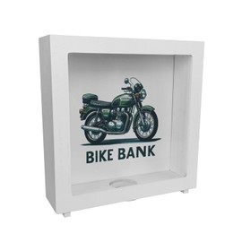 Retro Touring Motorcycle Frame Wooden Money Box with Saying Bike Bank British English Racing Green Ideal Accessory for Bike Fans Unique Vehicle Design