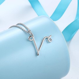 Besilver Capital Cursive Initial Letter V Necklace Charm 925 Sterling Silver Alphabet Pendant Women Men Unisex Monogram Name Bridesmaid Birthday Gift FP0024V