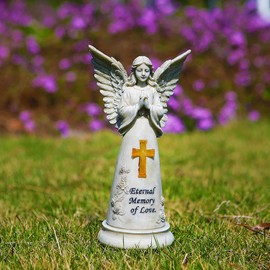Angel Statue for Garden - Angel Solar Garden Statues with Cross, Cemetery Memorial Angels, Resin Praying Angels Figurine for Patio Lawn Yard Porch Decorations,8.8”H