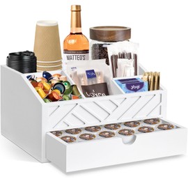 Coffee Bar Organizer with Drawer, Coffee Station Organizer for Countertop, Wood Coffee Bar Accessories Organizer for Coffee Bar Decor, Farmhouse Coffee Cup Pod Holder Condiment Organizer(White)