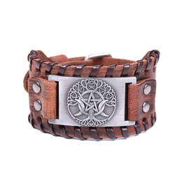 HAQUIL Pagan Bracelet for Men, Triple Moon Goddess Pentagram Tree of Life Talisman, Wiccan Brown Wide Leather Wristband