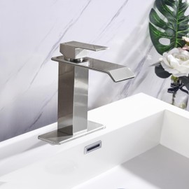YLIEHS Waterfall Spout Bathroom Faucet, Single Handle Design for Easy Flow Control, Lead-Free with Pop Up Drain Assembly, Brushed Nickel