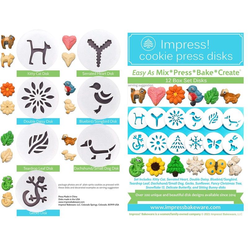 Impress Bakeware – Metal Cookie Press with 12 Shape Disks