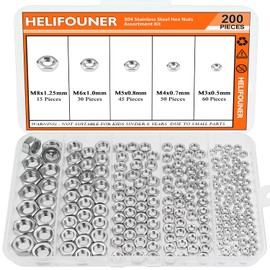 HELIFOUNER 200 Pieces 5 Sizes Metric Hex Nuts Assortment Kit, M3 M4 M5 M6 M8 Stainless Assorted Hex Nuts Set for Screws Bolts