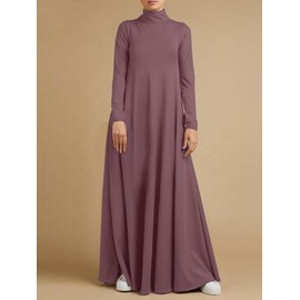 WSPLYSPJY Women Girls High Neck Long Sleeve Abaya Muslim Dress Solid Color Prayer Clothes Islamic Robe Purple S